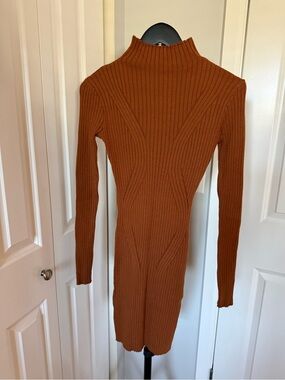 Lulu's Ribbed Mock Neck Long Sleeve Bodycon Dress - Rust